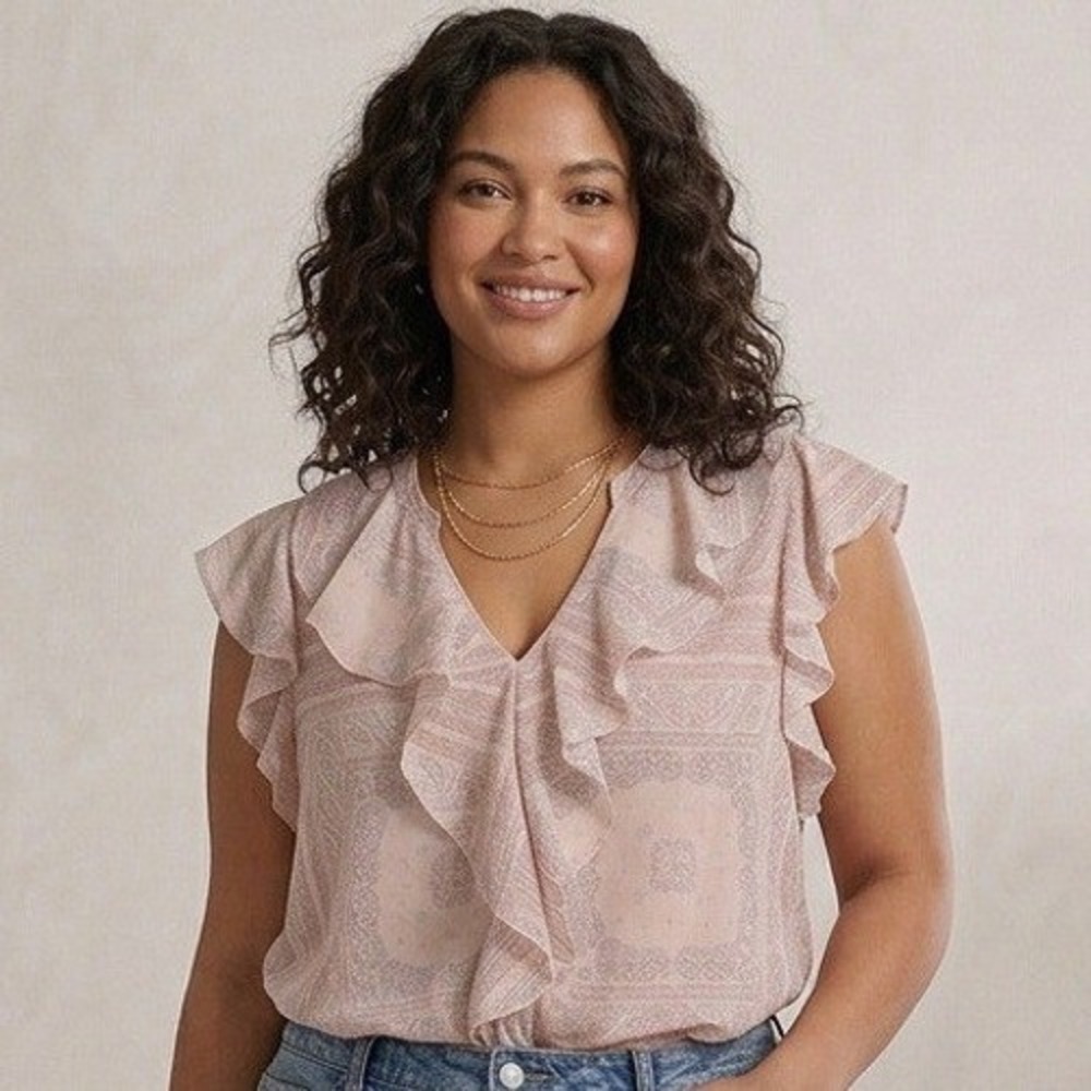 Universal Thread Pink Paisley Ruffle V-Neck Sleeveless Blouse Top Large Boho